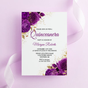 Invitation Belle feuille d'or Rose violette Quinceanera