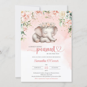 Invitation Belle fille blanche bébé éléphant bleu floral fill
