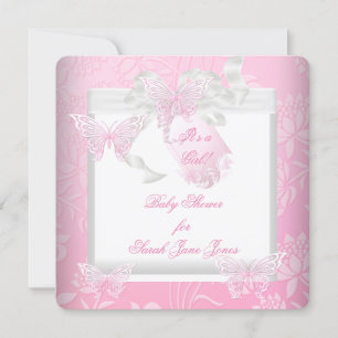 Invitation Belle Fille de Fête de Naissance Rose Papillon Bla