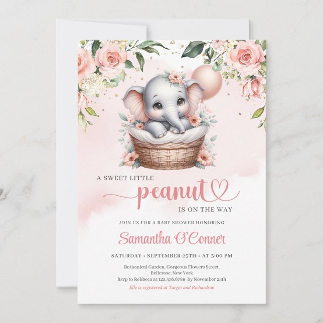 Invitation Belle fille éléphant dans le panier à fleurs et le (Devant)