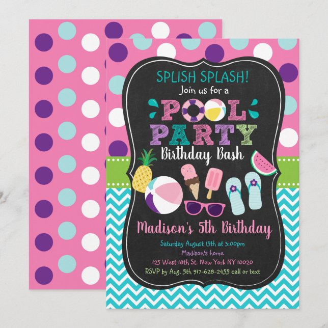 Invitation Belle Fille Piscine Fête Crème de glace Anniversai (Devant / Derrière)