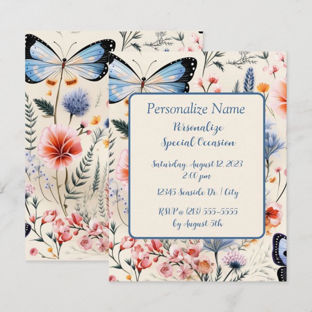 Invitation Belle Fleur Papillon Jardin Floral Design (Devant / Derrière)