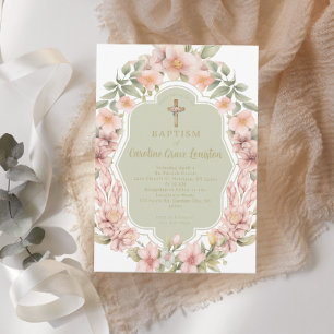 Invitation Belle Fleur Rose Baptême catholique