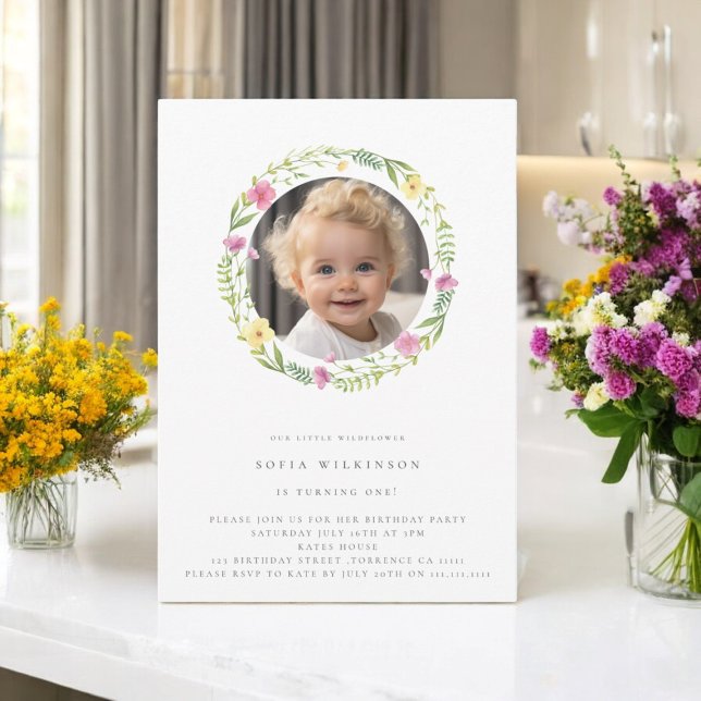 Invitation Belle fleur sauvage photo premier anniversaire (little wildflower is turning one , cute minimal birthday invitation , fully editable )