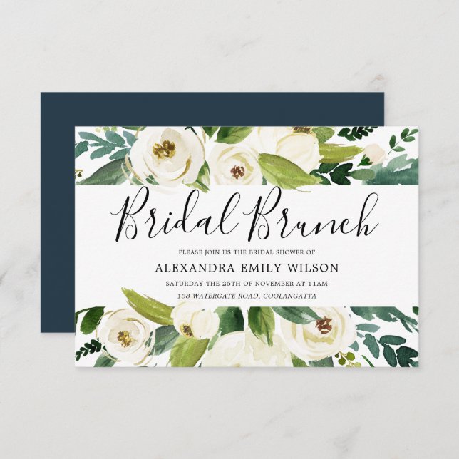 Invitation Belle Fleurs blanches Fête des mariées verte Brunc (Devant / Derrière)