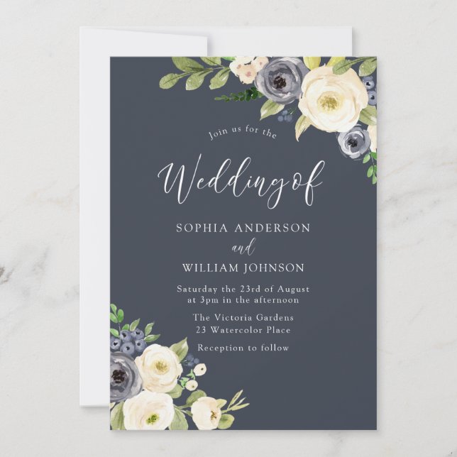 Invitation Belle Fleurs Blanches & Marine All Seasons Mariage (Devant)