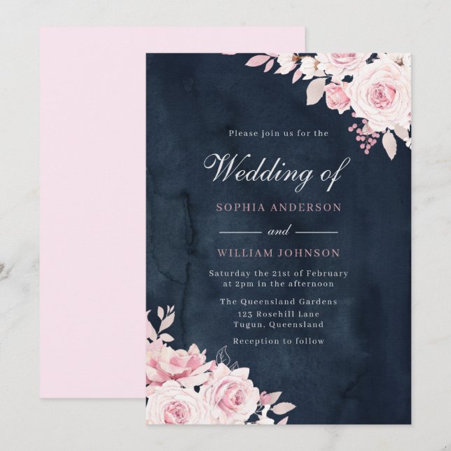 Invitation Belle Fleurs de Bleu et Mariage d'Aquarelle Marine (Devant / Derrière)