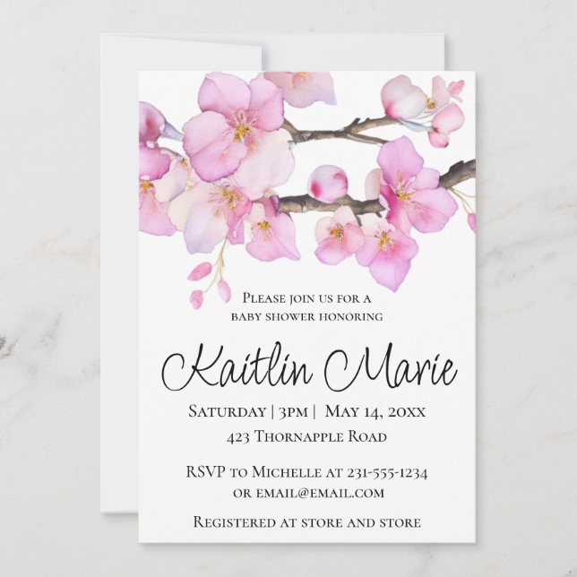 Invitation Belle fleurs de cerisier rose script de calligraph (Devant)