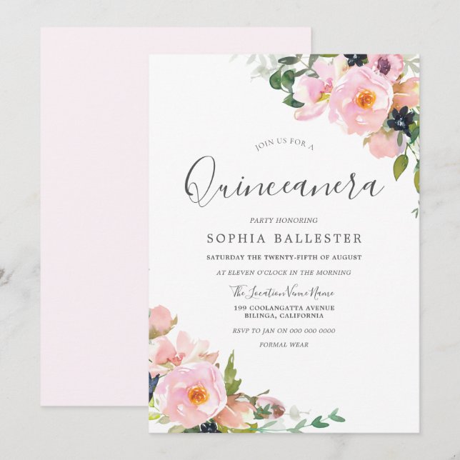 Invitation Belle Fleurs Roses Bleues Quinceanera Party (Devant / Derrière)