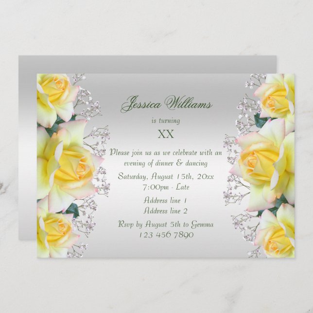 Invitation Belle Fleurs Roses de Paix Jaune Anniversaire (Devant / Derrière)