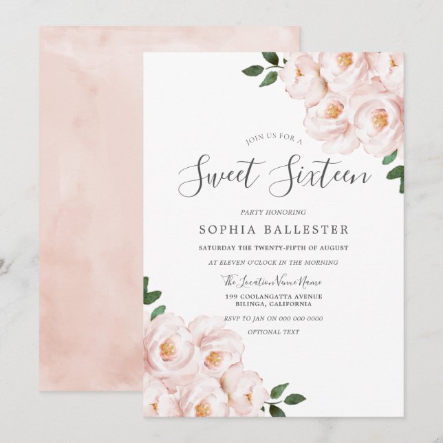 Invitation Belle Fleurs Roses Douces Et Douces 16 (Devant / Derrière)