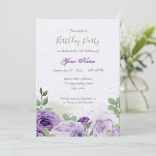Invitation belle fleurs violettes vert feuilles anniversaire