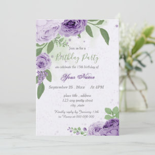 Invitation belle fleurs violettes vert feuilles anniversaire