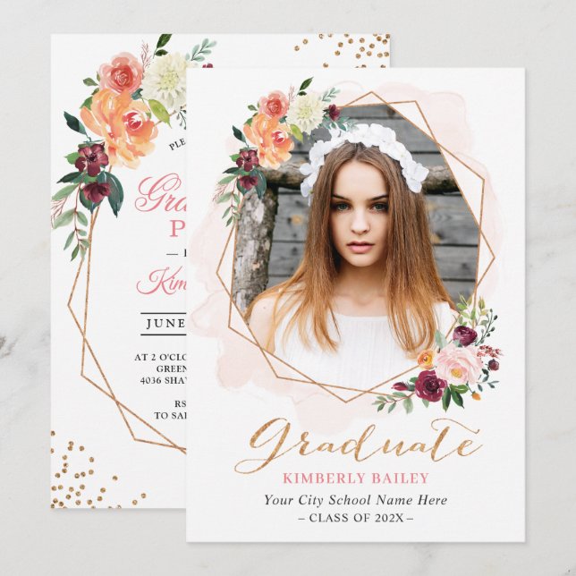 Invitation Belle Floral Gold Frame Photo Graduation Party (Devant / Derrière)