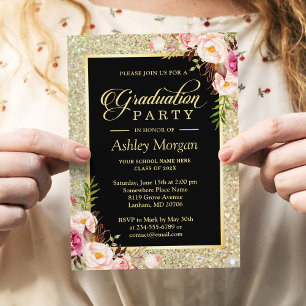 Invitation Belle Floral Gold Sparkles Graduation Party