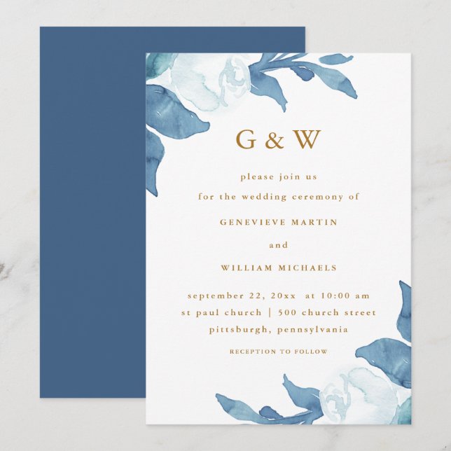 Invitation Belle Florale Bleue avec Monogrammes couleur or (Devant / Derrière)
