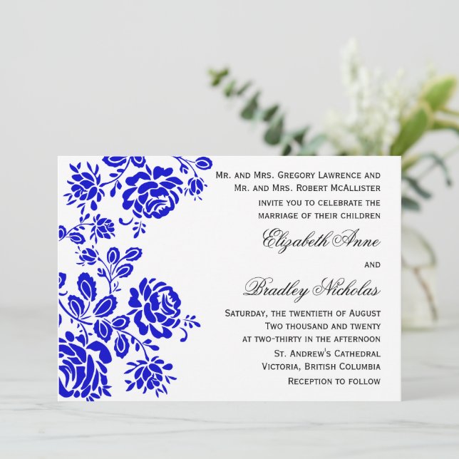 Invitation Belle florale en Mariage bleu royal (Debout devant)