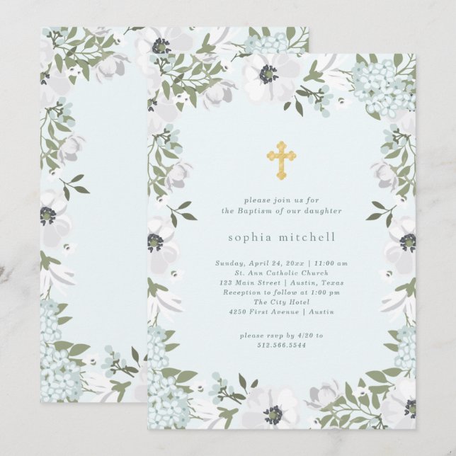 Invitation Belle flore grise et blanche sur bleu| Baptême (Devant / Derrière)