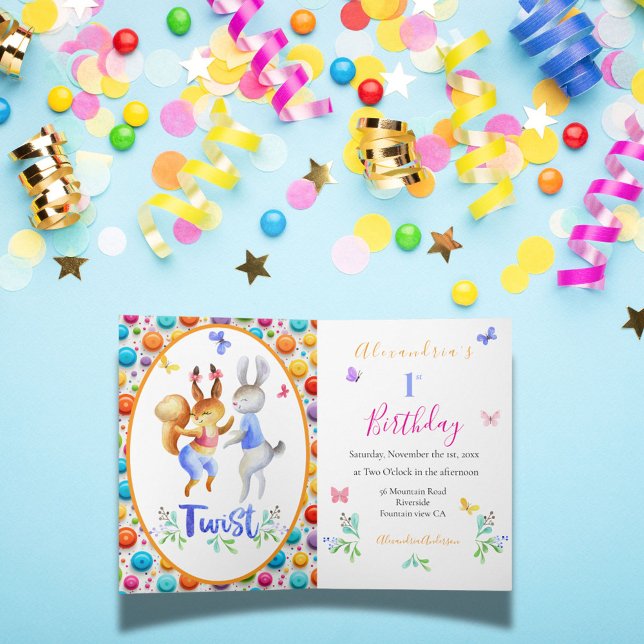 Invitation Belle Forêt Animaux Lapins 1er Anniversaire Polka  (Créateur téléchargé)