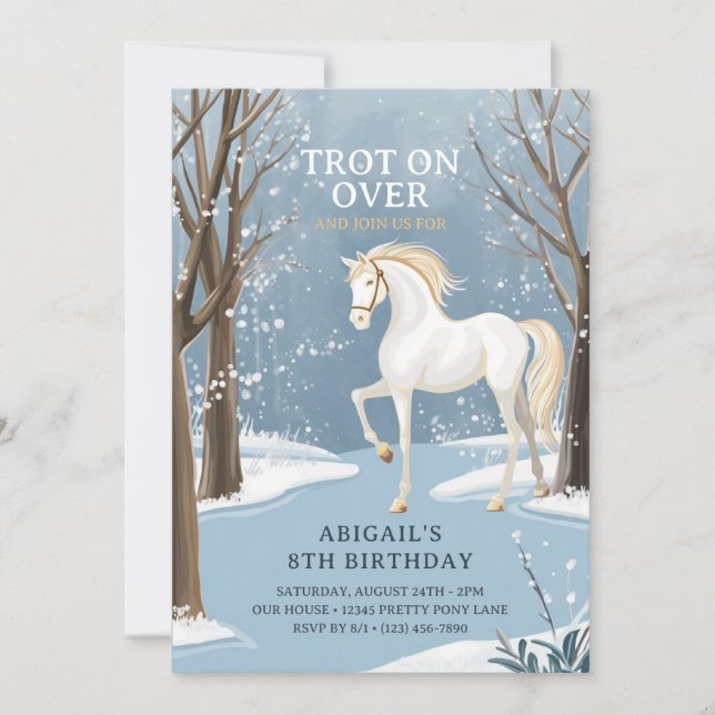 Invitation Belle forêt d'hiver Snowy White Horse Anniversaire (Devant)