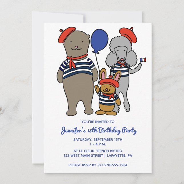 Invitation Belle French Cartoon Animaux Personnalisés Anniver (Devant)