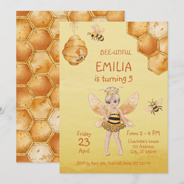 Invitation Belle Girly Honey Bee 5e fête d'anniversaire (Devant / Derrière)