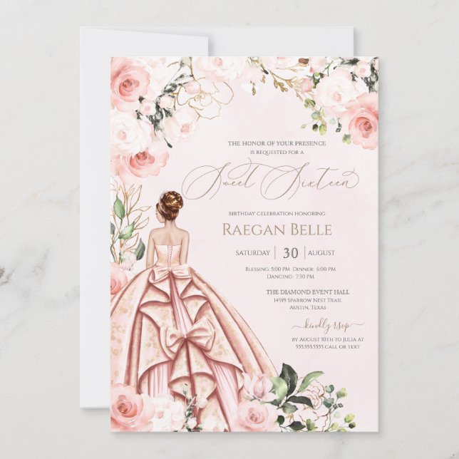 Invitation Belle Gown Jolie en rose Blush Rose Sweet 16 (Devant)