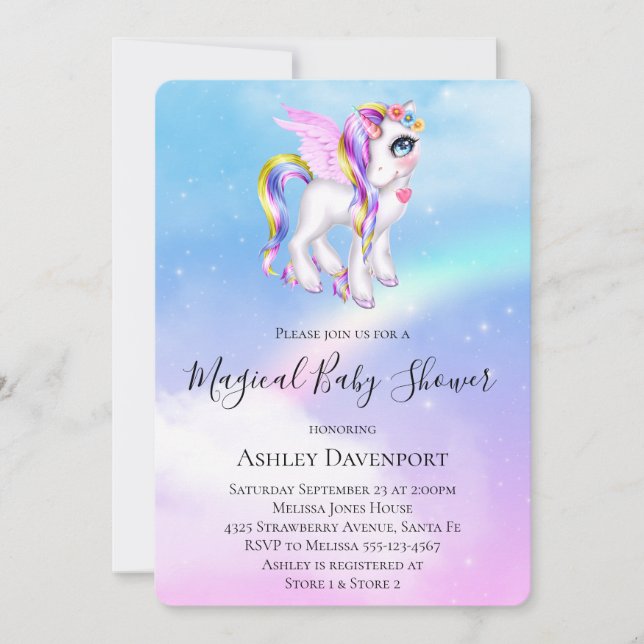 Invitation Belle licorne avec Baby shower Rainbow Mane (Devant)