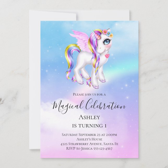 Invitation Belle licorne avec Rainbow Mane Anniversaire (Devant)