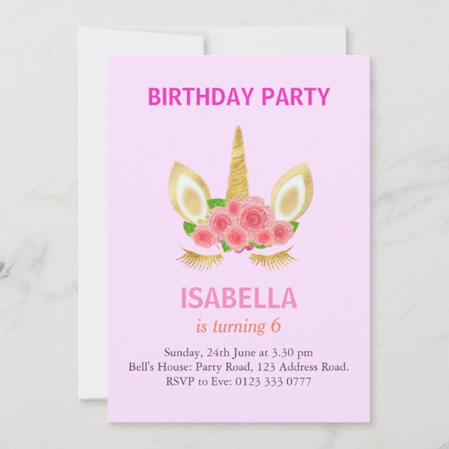 Invitation Belle licorne sur rose pâle 6ème anniversaire fête (Devant)