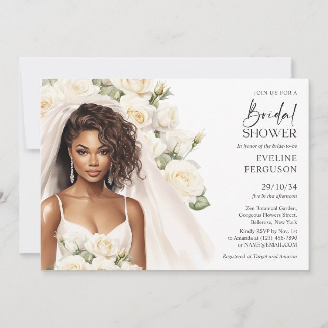 Invitation Belle mariée afro-américaine blanche roses boho (Devant)