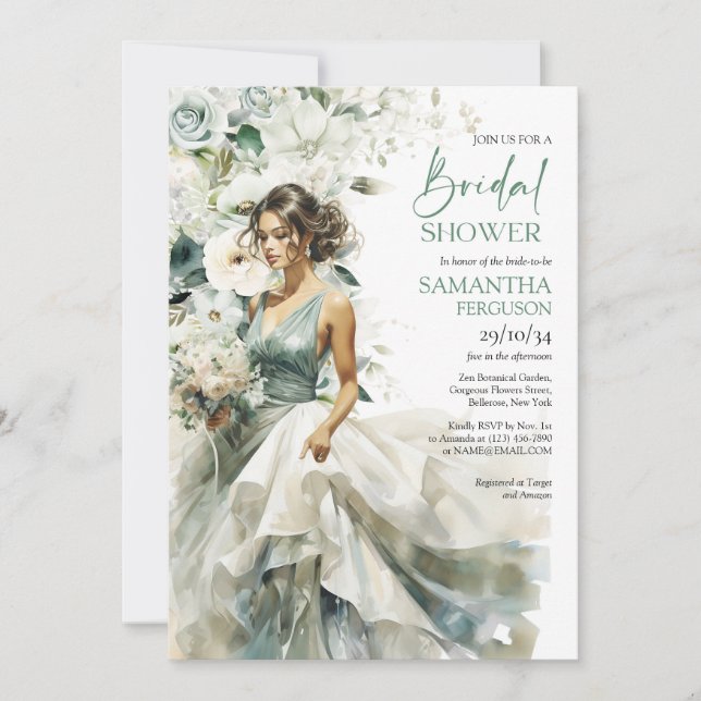 Invitation Belle mariée avec robe mariage et bouquet (Devant)