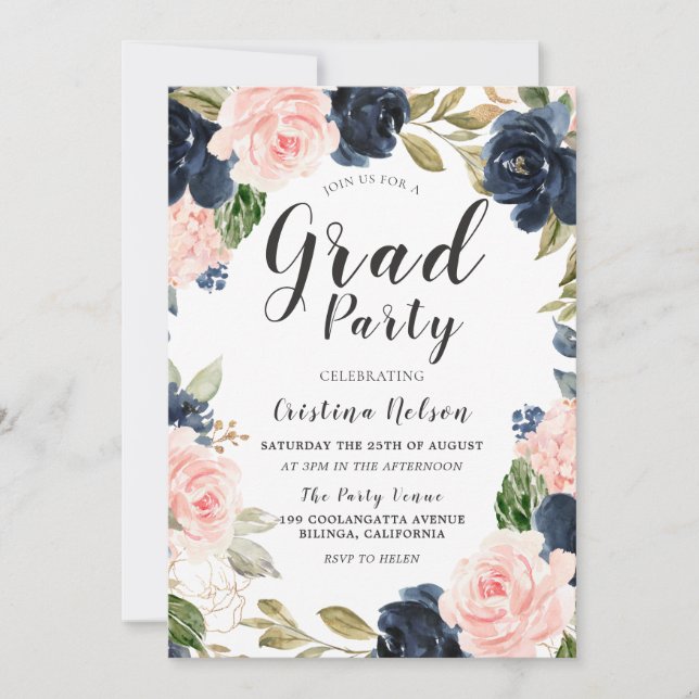 Invitation Belle Marine Blush Girls Grad Party Grad Grad (Devant)