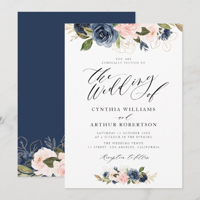 Invitation belle marine de script et mariage rose roux (Devant / Derrière)