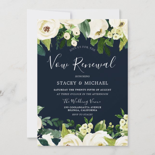 Invitation Belle Marine Fleurs blanches Printemps Vow Renouve (Devant)