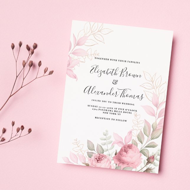 Invitation Belle menthe rose rose feuille mariage (Beautiful pink mint roses leaves floral wedding)