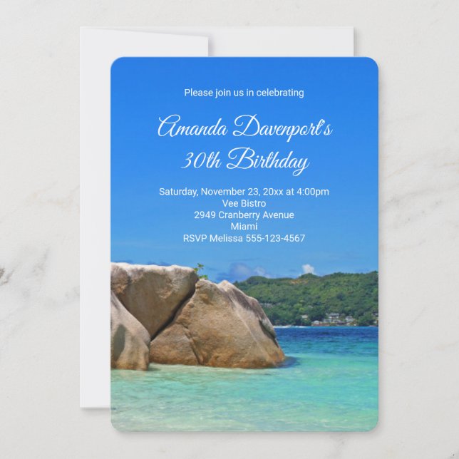 Invitation Belle Mer Tropicale avec un Anniversaire Rocky Bea (Devant)