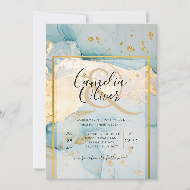 Invitation Belle Mer Verre Gold Mariage Inviter Turquoise (Devant)