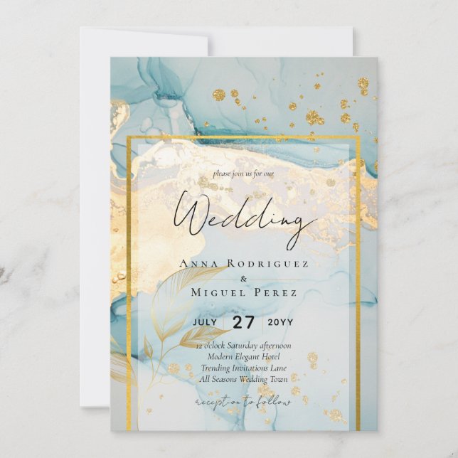 Invitation Belle Mer Verre Gold Mariage Inviter Turquoise (Devant)