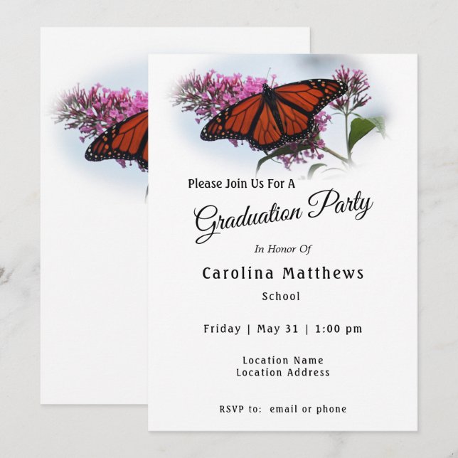 Invitation Belle Monarque Papillon Photo Graduation (Devant / Derrière)
