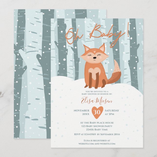 Invitation Belle neige de renard d'hiver illustration Oh baby (Devant / Derrière)