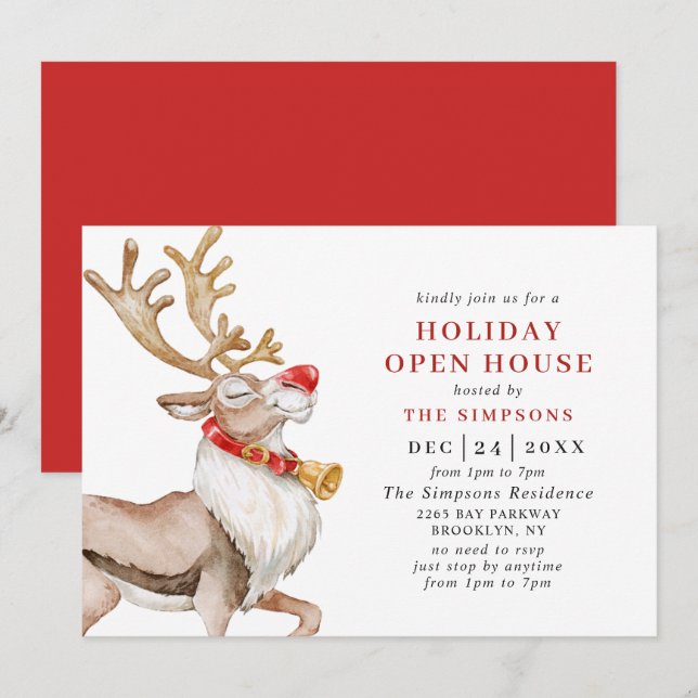 Invitation Belle Noël Cartoon Reindeer VACANCES OPEN HOUSE (Devant / Derrière)