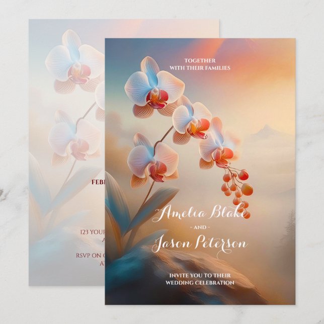 Invitation Belle orchidée de couleurs Ethérées | Mariage sere (Devant / Derrière)
