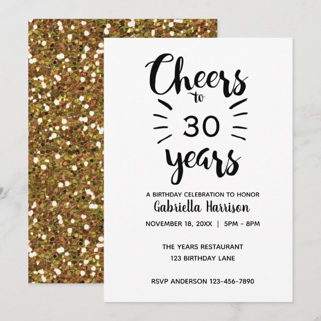 Invitation Belle Parties scintillant d'or encourage à 30 ans (Devant / Derrière)