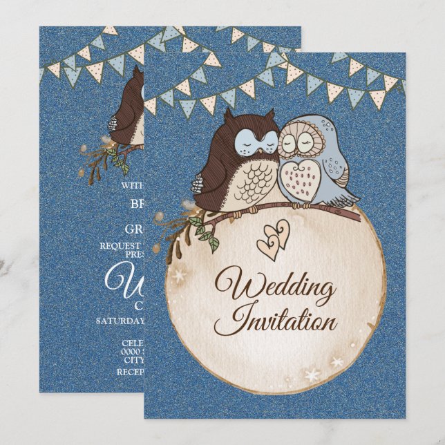 Invitation Belle Parties scintillant Mariage Blue Brown Owl (Devant / Derrière)