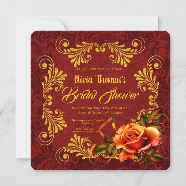 Invitation Belle Parties scintillant or et Fête des mariées R (Devant)