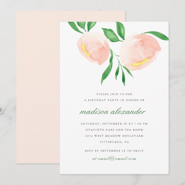 Invitation Belle Peach Blush Aquarelle Fleur Anniversaire (Devant / Derrière)