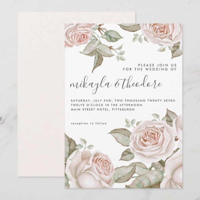 Invitation Belle Peach Blush Aquarelle Rose Mariage (Devant / Derrière)