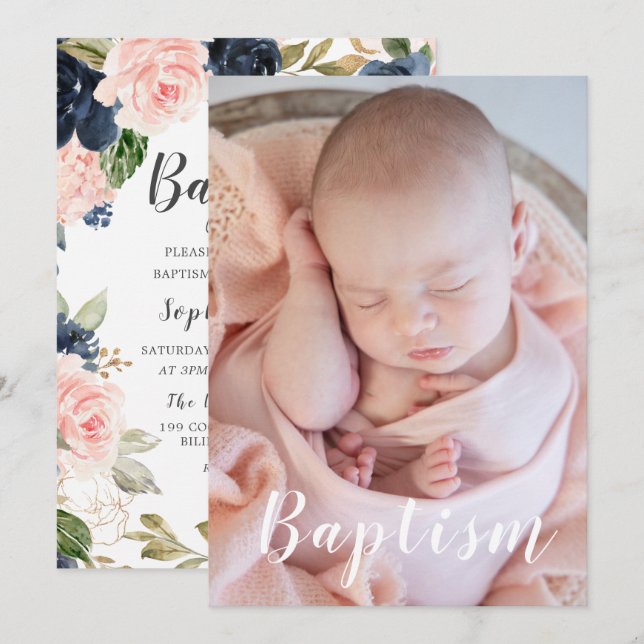 Invitation Belle photo bébé Marine & Baptême floral flush (Devant / Derrière)