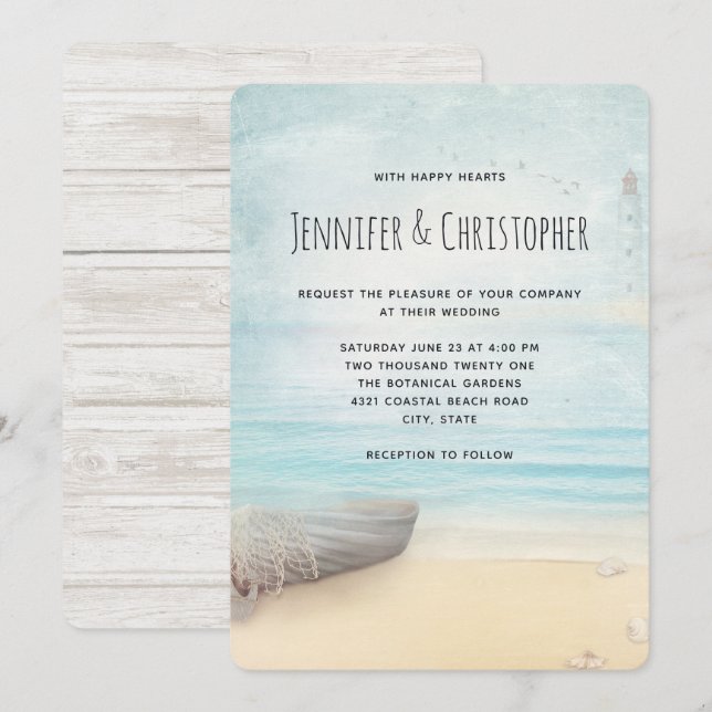 Invitation Belle plage avec bateau et phare (Devant / Derrière)